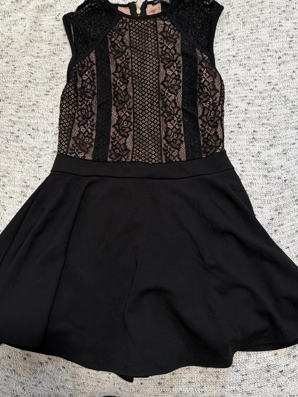Black Lace Paneled Skater Dress with Nude Underlay
